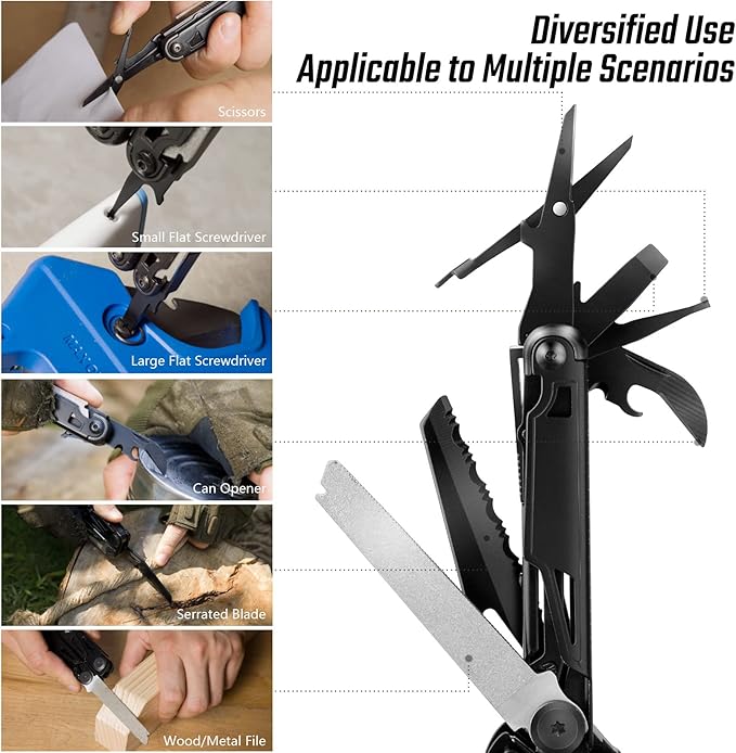 FLISSA Multitool, 16-in-1 Multitools with Sheath, Stainless Steel EDC Multitool, Pocket Knife, Bottle Opener, Screwdriver, Pocket Multi-Tool for Camping, Handwork, Hunting, Hiking, Fishing