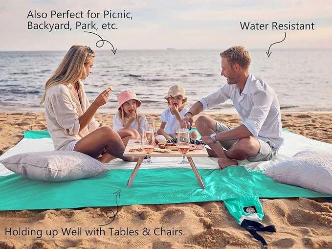 WEKAPO Beach Blanket Sandproof Waterproof, Extra Large Beach Mat, Oversized & Compact Sand Free Mat Quick Drying, Lightweight & Durable with 6 Stakes & 4 Corner Pockets