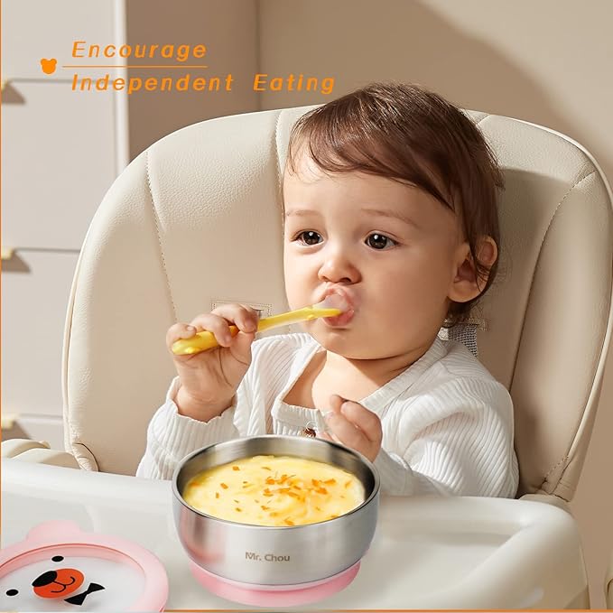 MR. CHOU Food-Grade Stainless Steel Baby Bowls with Leakproof Tempered Glass Lid, First Stage Baby Led Weaning Supplies for Boys & Girls, Silicone Suction Bowls for Baby Feeding (Pink)