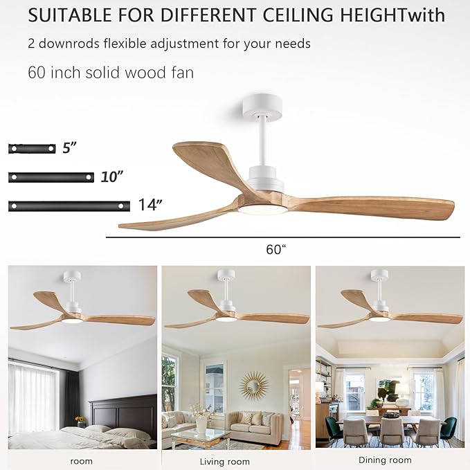 60" Ceiling Fans with Light with Remote Control, Indoor Outdoor Wood Ceiling Fan with 3 Wood Blades for Living Room, Hallway, Office, Farmhouse, etc. (White + Wood Color)