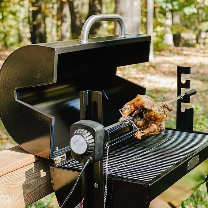 Ash & Ember 4W Rotisserie Spit Roaster Grill, Rated 33 LB, Horizontal Adjustable Spit Rod for Outdoor Charcoal BBQ with Hood, Roast Chicken, Lamb, Pig, Beef