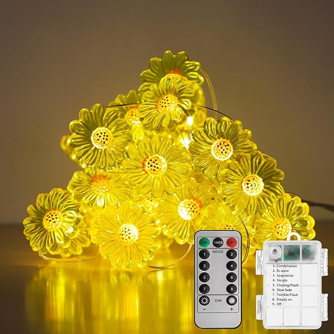 Sunflower String Lights Spring Fairy Lights, 30 LED Copper String Lights with Remote Control & Battery Operated Novelty Decorative Lights for Christmas, Bedroom Plants, Spring Decor (Sunflower)