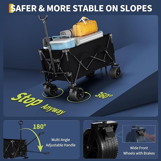 Heavy Duty Foldable Wagon for Beach, Extra Large Collapsible Foldable Wagon for Camping, All Terrain Beach Wagons Extended with Cup Holders for Sand