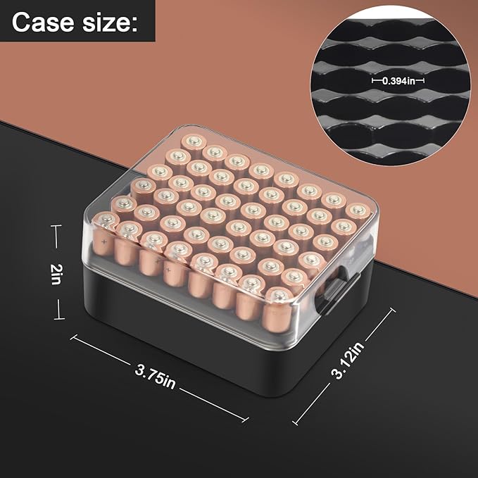 ALCYON Battery Organizer Storage Case, Battery Vault Box Container for 48pcs AAA Batteries, Plastic Clear Protective Battery Holder for Travelling/Home/Office (Black, Small)