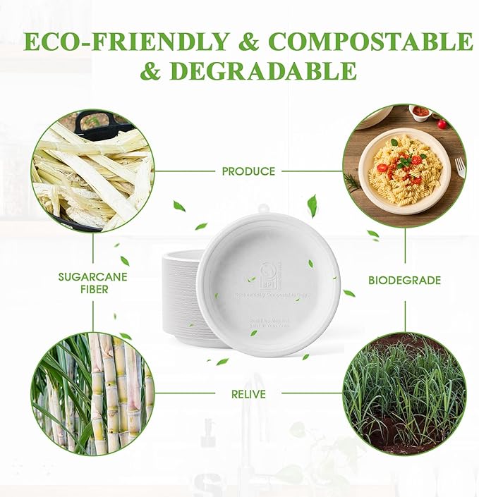 ECOLipak 125 Pack Paper Plates 9 inch 100% Compostable Plates Heavy-Duty Dinner Plates Disposable Bagasse Deep Dish Natural Biodegradable Eco-Friendly Sugarcane Plates(White)