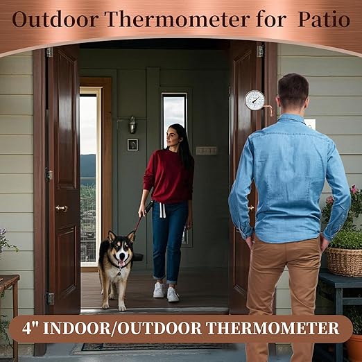 4" Brass Outdoor Thermometer, Indoor Thermometer for Room – Analog Wall-Mount Temperature Gauge with Humidity – Decorative for Patio, Garage, House, Greenhouse, Window, Antique Bronze