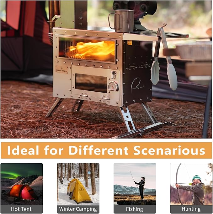 Hori 5 Pellet Stove with Oven for Tent Camping, Portable Wood Burning Stove with 8 Chimney Pipes for Hiking, Cooking, Hot Tent and Outdoor Use