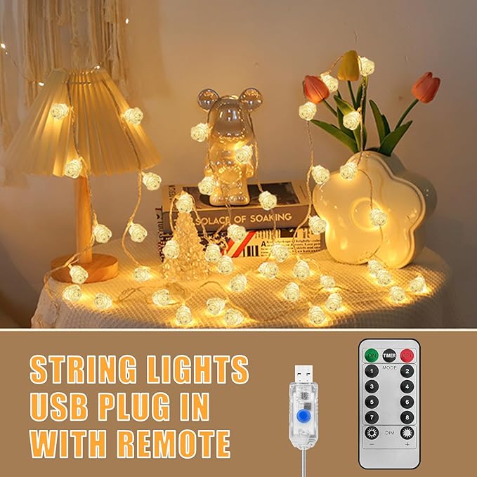 String Lights Indoor, 33Ft 80 LED Rose Flower Lights, 8 Modes Dimmable & Timeable Twinkle Lights, Festival Christmas Decorations for Bedroom Living Room, White, USB Plug, Remote
