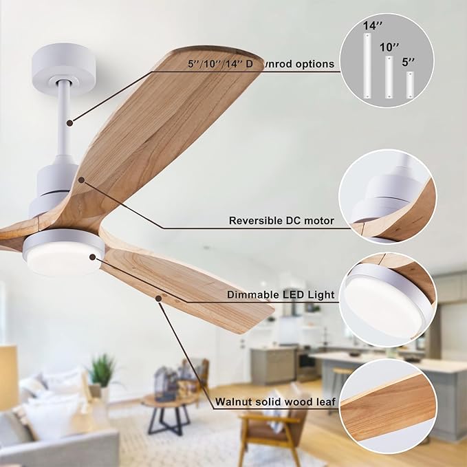 56" Wood Ceiling Fan with Light and Remote Control, Indoor Outdoor Wooden 3 Blades Ceiling Fan for Patio Living Room, Bedroom, Office,Reversible DC Motor
