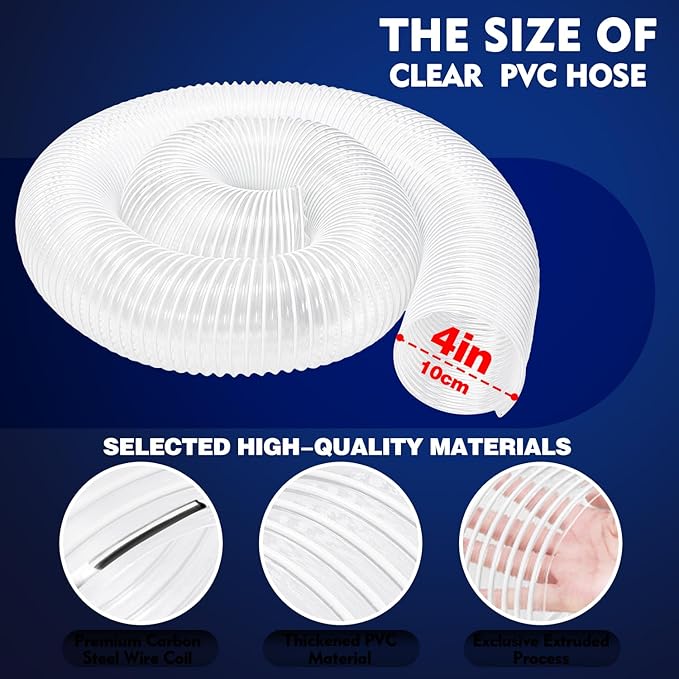 4" x 10' PVC Dust Collection Hose, Puncture-Resistant, Heavy-Duty Flexible Clear Fume Hose with Carbon Steel Wire Coil for Dust Collection Systems, Woodworking, Workshops