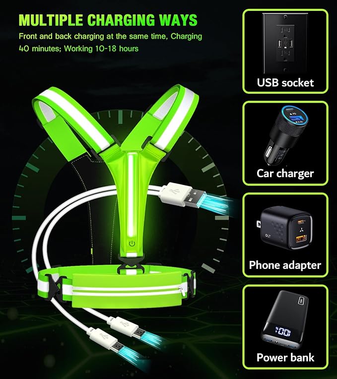 LED Reflective Vest Running Gear Set,USB Rechargeable Light Up Running Vest for Runners Night Walking with Waterproof Phone Bag,High Visibility Armband,Adjustable Waist&Shoulder for Men Women