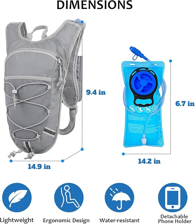 Lightweight Hydration Backpack 2L Water Bladder Pack for Running, Cycling, Hiking – Anti-Theft Water Backpack with Phone Holder, Trekking Pole Holder & Reflective Strips for Men & Women