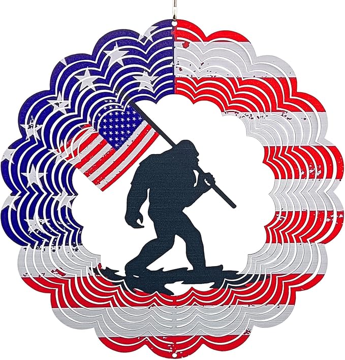 3D Patriotic Bigfoot Wind Spinner Decor - 12 Inch Metal Garden Art, Rust-Proof Outdoor Hanging Decorations, Patriotic American Flag Design, for Outdoor Lovers (Bigfoot)