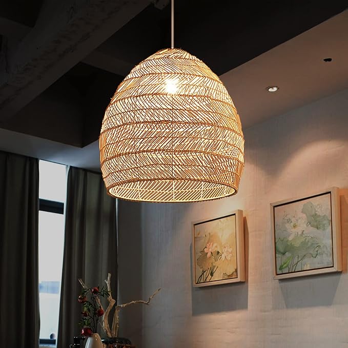 Arturesthome 1 Light Rattan Woven Pendant Light Shades,17.7" Kitchen Island Pendant Light,Handmade Hanging Lamp Crafts Lampshade for Living Dining Room