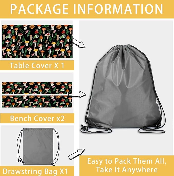 JAWO Black Picnic Table Cover with Bench Covers Elastic Edges Camping RV Essentials Waterproof Windproof Outdoor Fitted Tablecloth Rectangle Camping Tables and Seats, 30x72in