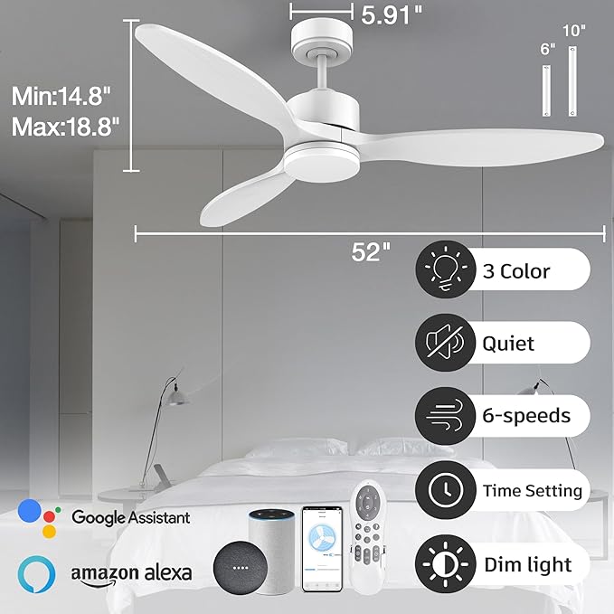 52" Smart Wood Ceiling Fans with light and Remote,Dimmable LED Light,Quiet DC Motor,Control with Alexa Google Voice App,Outdoor Indoor Modern Ceiling Fan for Bedroom Patio,White