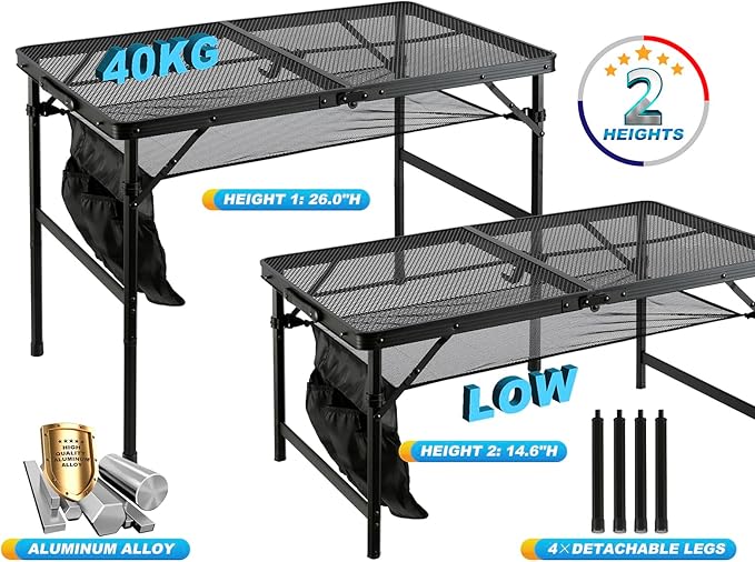 Folding Metal Camping Table with Mesh Layer, Portable & Lightweight Grill Table for Outdoor, 2 Adjustable Heights, Metal Mesh Tabletop for Camping Cooking, Medium Size (2.95 FT, Black)