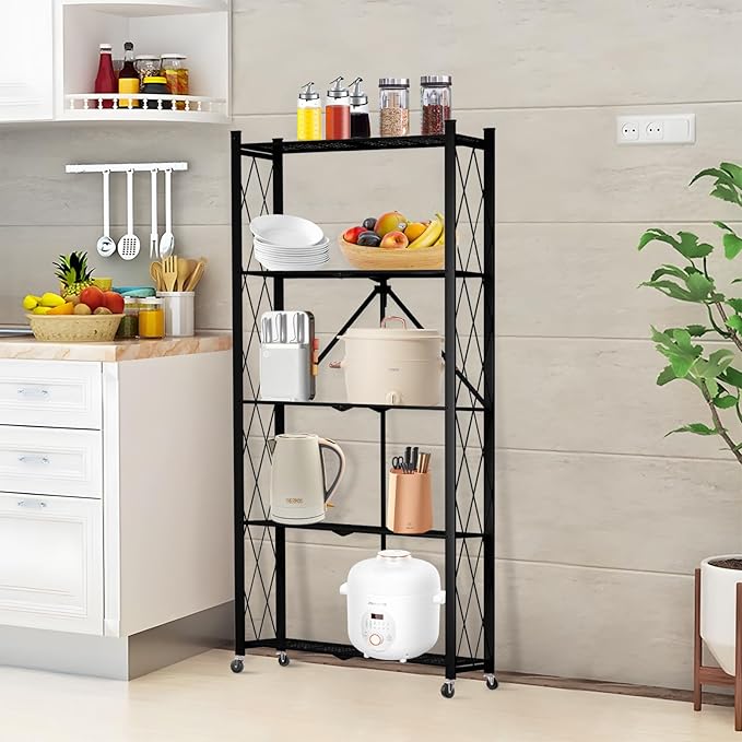 5 Tier Folding Shelf with Wheels,Metal Steel Collapsible Shelves,No Assembly Portable Shelves Organizer Rack,Rolling Standing Utility Rack for Kitchen, Pantry, Office, Black