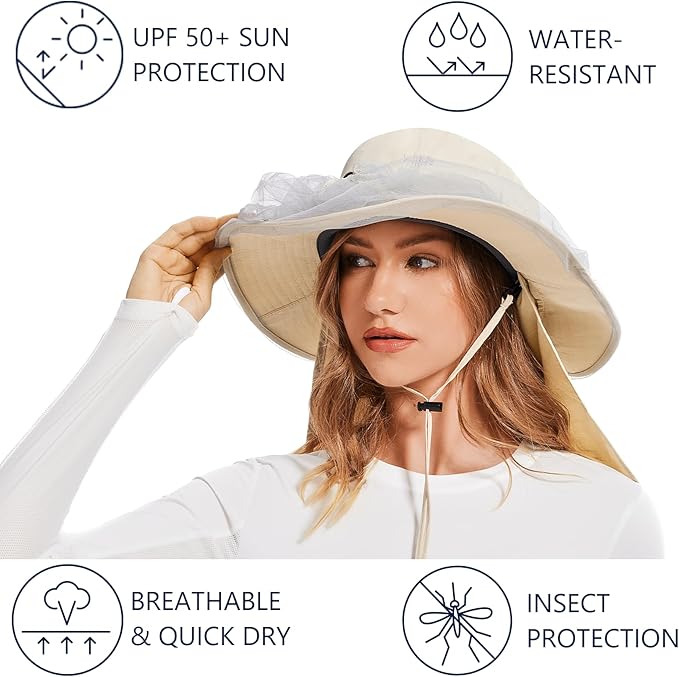 BASSDASH UPF 50+ Mosquito Net Hat with Stowable Neck Flap for Men Women Outdoor Fishing Hiking Camping Gardening FH17