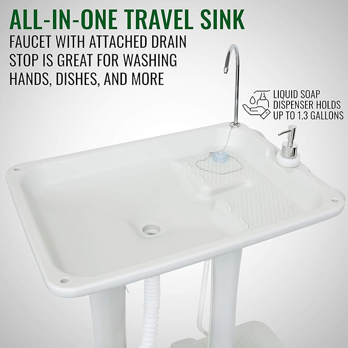 Hike Crew XL Portable Outdoor Foot Pump Camping Sink – Collapsible Hand Wash Basin w/ 7 Gallon (30L) Water Tank, Wheels, Soap Dispenser, Gooseneck Faucet & Towel Holder – for RV, Travel, Worksite