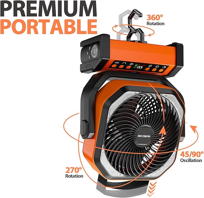 MORECORE 20000mAh Rechargeable Camping Fan with Light, 112HRS Running, 8-Speed, Auto Oscillating, Timer, LED Digital Display, 270°Pivot with Hook for Tent RV Emergency Garage-Orange