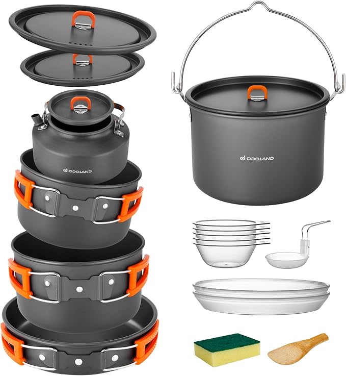 Odoland 18pcs Camping Cookware Large Size Hanging Pot Pan Kettle Set with Plastic Plates Bowls Soup Spoon for Camping, Backpacking, Outdoor Cooking and Picnic