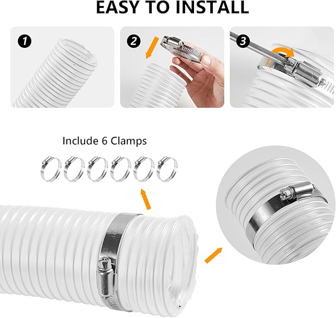 4" x 20' Clear Dust Collection Hose, 4 Inch PVC Puncture Resistant Fume Collection Hose with 6 Pieces Stainless Steel Clamps for Woods Debris