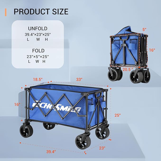 EchoSmile Collapsible Folding Wagon Cart 360lbs, Heavy Duty Garden Utility Cart with All Terrain Wheels, Large Capacity Outdoor Wagon for Camping, Beach, Shopping, Picnic (Blue)