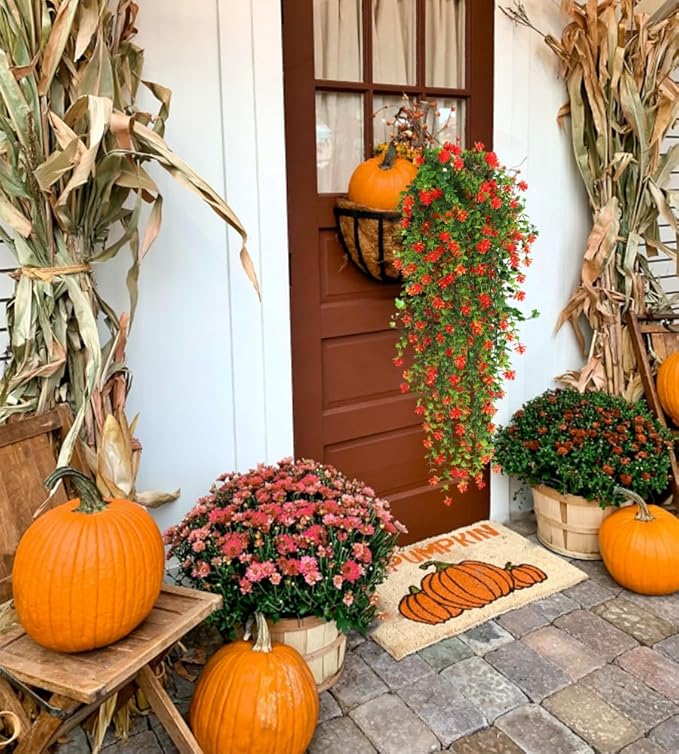 Faux Hanging Plants Hanging Greenery Outdoor Artificial Vines for Outdoors Hanging Plants with flowers Artificial Hanging Plants Indoor Outdoor Wall Garden Wedding Interior Decoration(Orange Red)