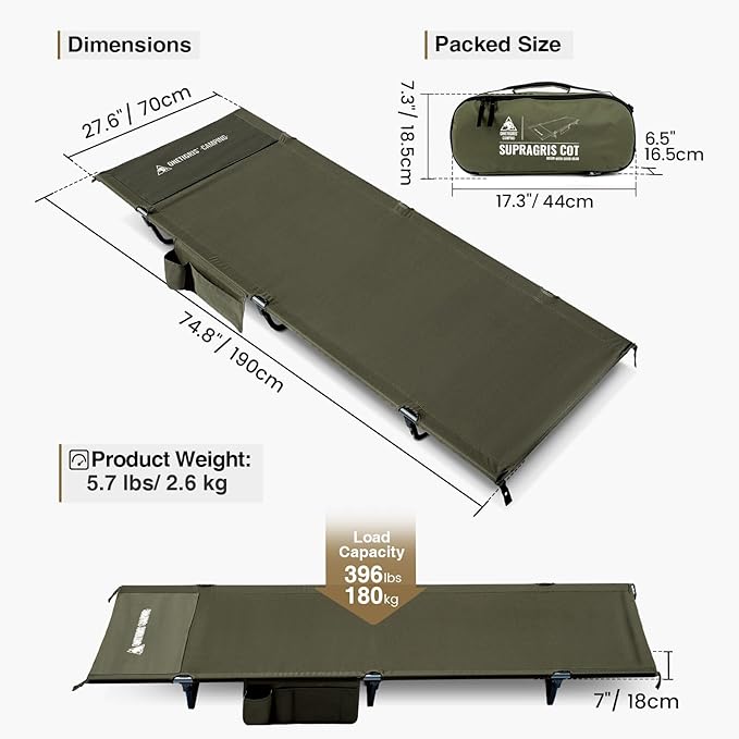ONETIGRIS SUPRAGRIS Camping Cot, Support Up to 400lbs, Lightweight Comfortable Folding Bed for Camping, Hiking, Backpacking, Travel, Car Trips, Office Nap (Ranger Green)