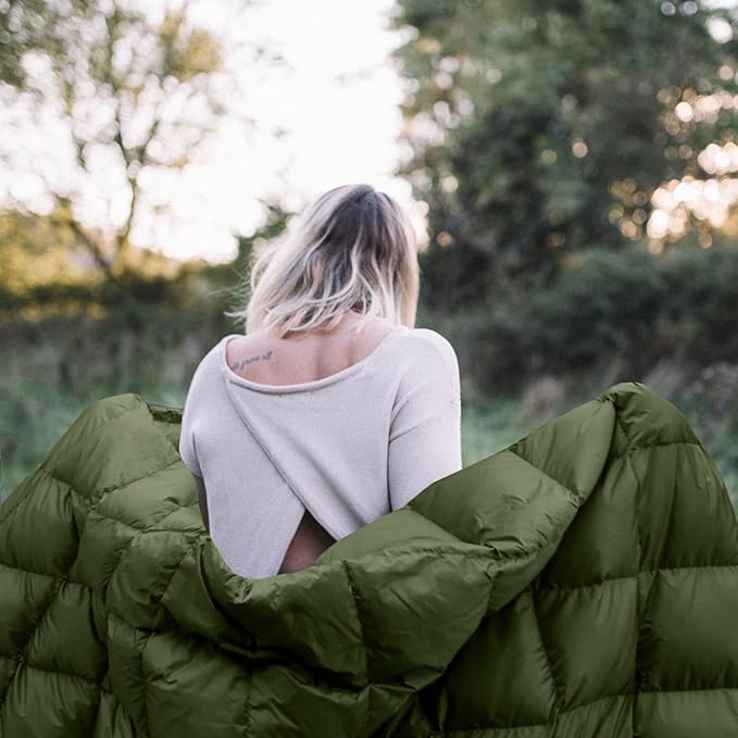 zzlamb Puffy Down Camping Blanket Water-Repellent, Down Throw Travel Blanket Portable for Outdoor, Light Warm Quilt for Couch Plane Car Theater Stadium Picnic RV Backpacking Hammock