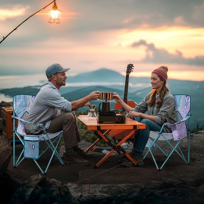 Nazhura 4 Pack Folding Camping Chair with Cooler Pouch, Mesh Backrest and Cup Holder Pocket (Flower, 4 Pack)