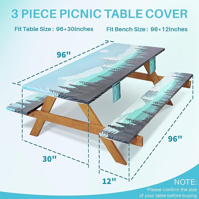Fitted Picnic Table Cover with Bench Covers Elastic Water Proof Outdoor Camping Tablecloth for 8 Foot Rectangle Tables Roadtrip Summer Organization Rv Car Essential Holiday Gifts for Campers