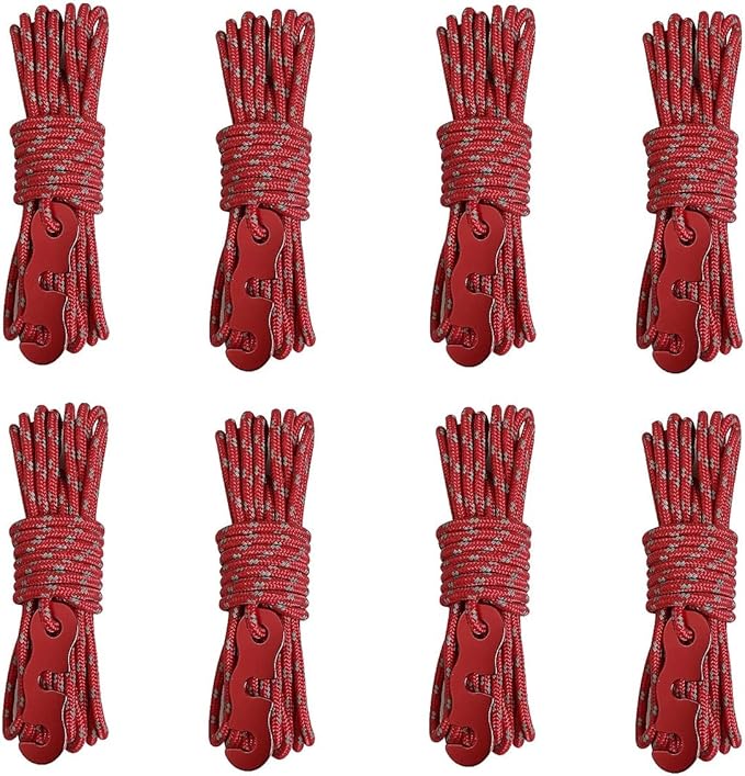 Tent Wind Ropes with Tensioners Cord Adjuster, 8pcs 13ft Reflective Rope for Camping, Hiking, Canopy Shelter, Outdoor Activity(RED)
