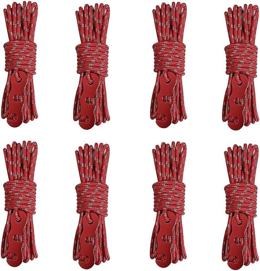 Tent Wind Ropes with Tensioners Cord Adjuster, 8pcs 13ft Reflective Rope for Camping, Hiking, Canopy Shelter, Outdoor Activity(RED)