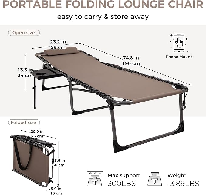 KingCamp Folding Chaise Lounge Chair for Outside Beach, Sunbathing, Patio, Pool, Lawn, Deck, Lay Flat Camping Reclining Lounge Chair with Pillow & Side Table （1 Pack, Beige）