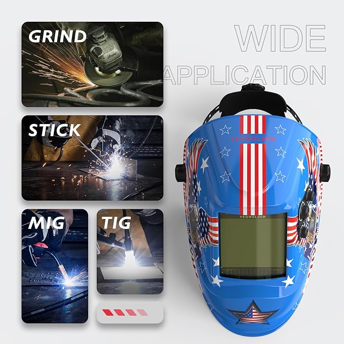 YESWELDER Large View Auto Darkening Welding Helmet, Blue Light Blocking, 1/1/1/1 True Color Solar Powered Welder Hood Mask with 4 Arc Sensors, Wide Shade 3/5-9/9-13 for TIG MIG ARC Cut and Grind