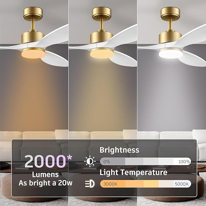 52" Wood Smart Ceiling Fans with Remote,Quiet DC Motor,Dimmable,Control with Alexa Google Voice App,Outdoor Indoor Modern Ceiling Fan for Bedroom Patio,Gold and White