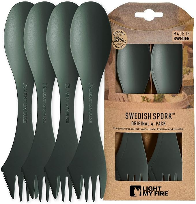 Light My Fire Spork Original 4-Pack 3-in-1 Camping Spoon Fork Knife Combo Reusable Travel & Camping Utensils Lunch Spork Outdoor Backpacking Hiking Picnic Utensil BPA Free, SageGreen