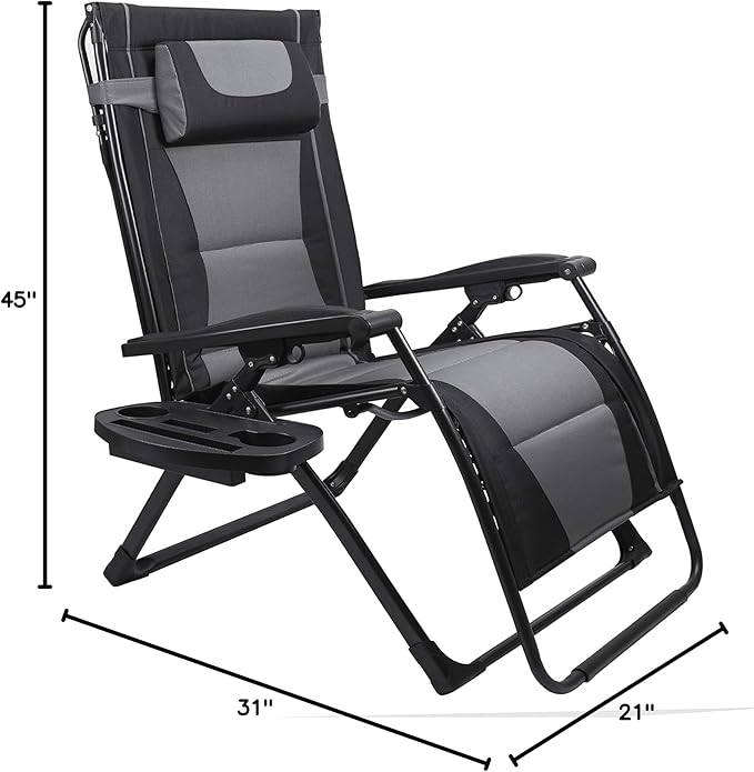 XXL Oversize Recliner Folding Chair – Heavy Duty Zero Gravity Lounge Chair with Sunshade, Cup Holder Tray & Padded Seat – Extra Wide Reclining Patio Chair for Camping & Outdoors