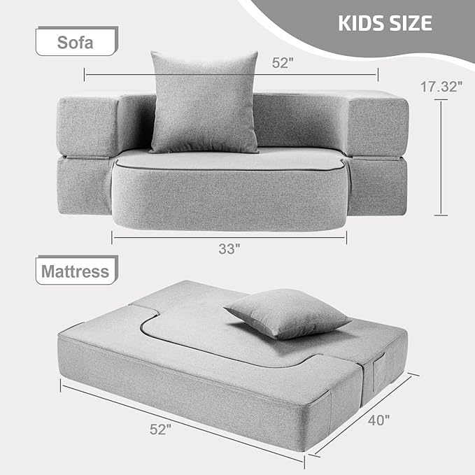 2-in-1 Folding Sofa Bed with Pillow - Folding Chair Floor Couch & Sleeping Mattress - Washable Cover & Memory Foam Sleeper Chair for Living Room/Guest Room/Apartment/Loft, Light Gray