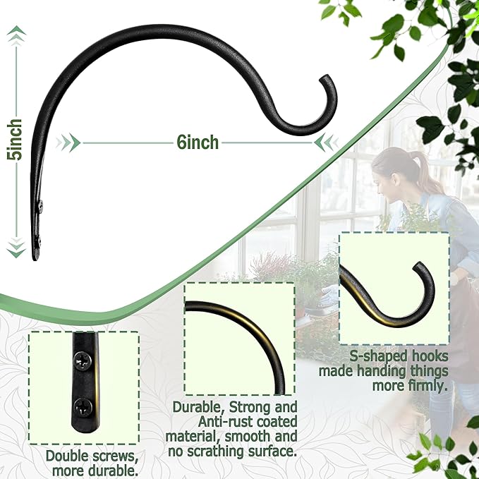 AJART Hanging Plant Hanger Outdoor: 6-Inch Bird Feeder Wall Hooks - Rust-Resistant Plant Bracket Hook for Hanging Flower Baskets