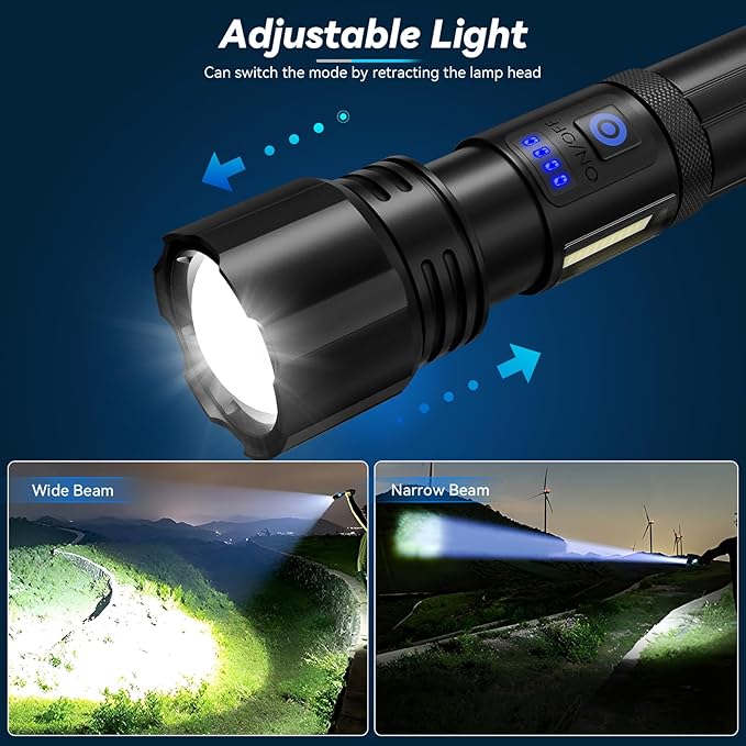 Rechargeable Flashlight, High Lumens Super Bright Flash Light, 7 Modes with COB Work Light, IPX6 Waterproof, Powerful Handheld LED Flashlights for Home Camping Hiking