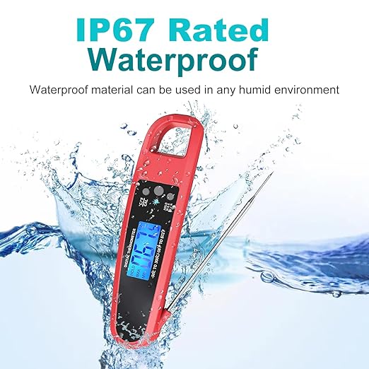 Instant Read Meat Thermometer for Kitchen Cooking, Ultra Fast Precise Waterproof Digital Food Thermometer with Backlight, Magnet and Foldable Probe for Deep Fry, Outdoor BBQ, Grill(RED)