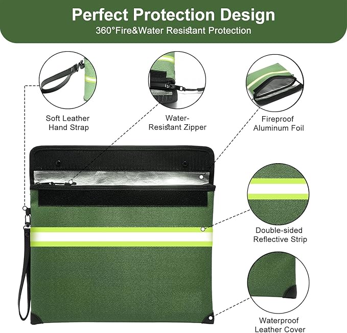 6500°F Upgraded Fireproof Money Bag with Lock,10 Layers of Heat Insulated Materials with Waterproof Zipper/Reflective Strip with Handle for Cash/Important Documents（Not Suitable for A4 Files）