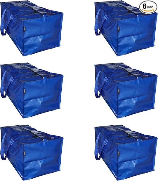 Extra Large Moving Bags - 6-Pack Heavy Duty Storage Duffel - Sturdy Backpack Straps Handles, Zippers - Reusable Moving Storage Bags for Clothes - Folding Collapsible Storage Tote Bag Set – Blue