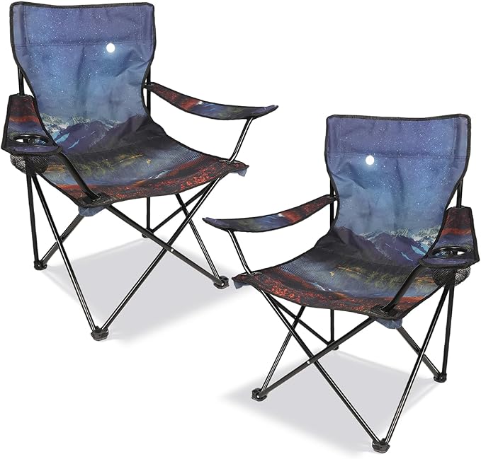 2 Pack Folding Camping Chair,Portable Lawn Chair w/Cup Holder,Carry Bag,Heavy Duty Outdoor Camp Chair for Adults,Perfect for Garden,Hiking,Picnics and Beach Trips,Moon Mountain