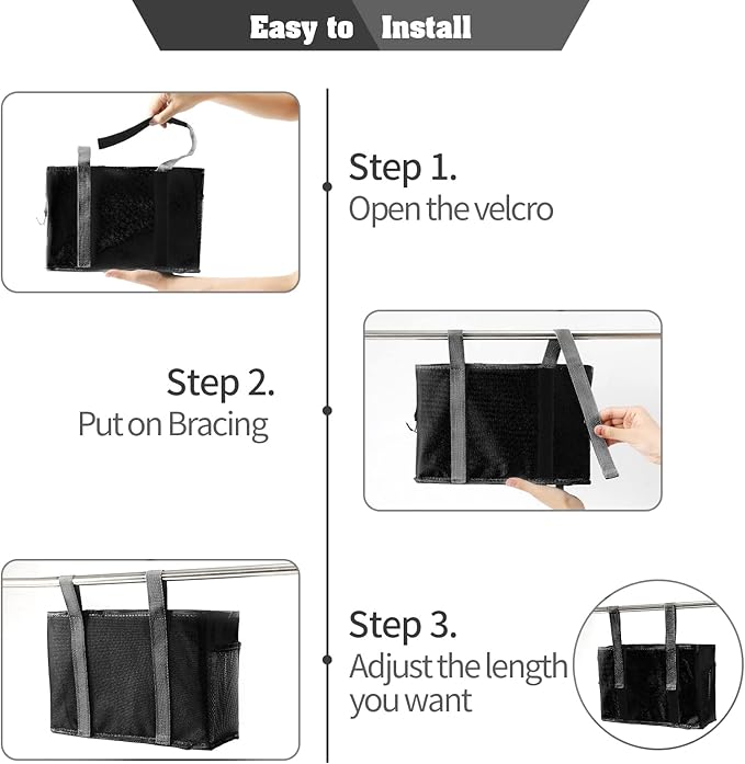 Bunk Bed Organizer, Bedside Caddy Hanging Bed Organizer Storage Bag with 4 Pockets and 2 Hooks, for College Dorm Rooms Bed, Hospital Bed, Baby Bed Rails, 600D Oxford Cloth (Black)