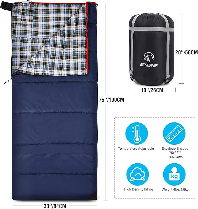REDCAMP Cotton Flannel Sleeping Bag for Camping Backpacking, Adults Cold Weather Envelope Sleeping Bags with 2/3/4/6lbs Filling