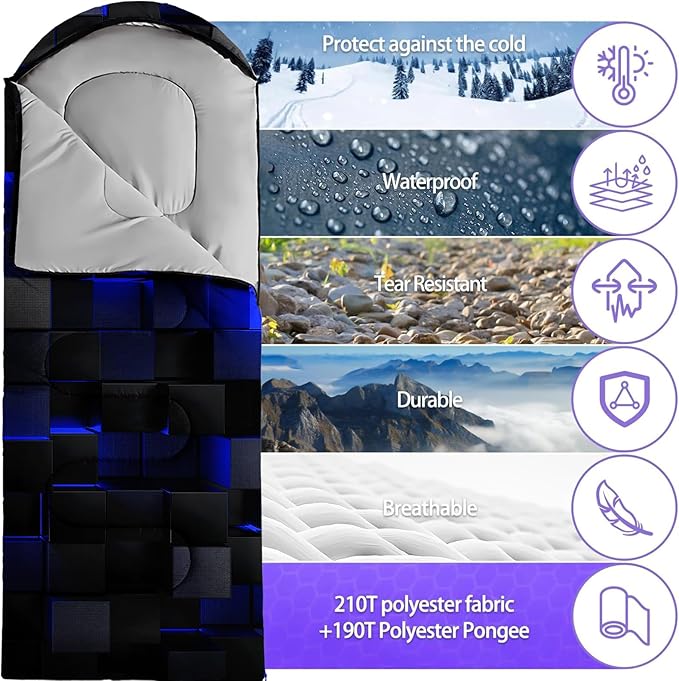 Sleeping Bags for Adults and Kids Backpacking Camping Sleeping Bags for Girls and Boys Lightweight Waterproof Cold/Warm Sleeping Bag for All Season